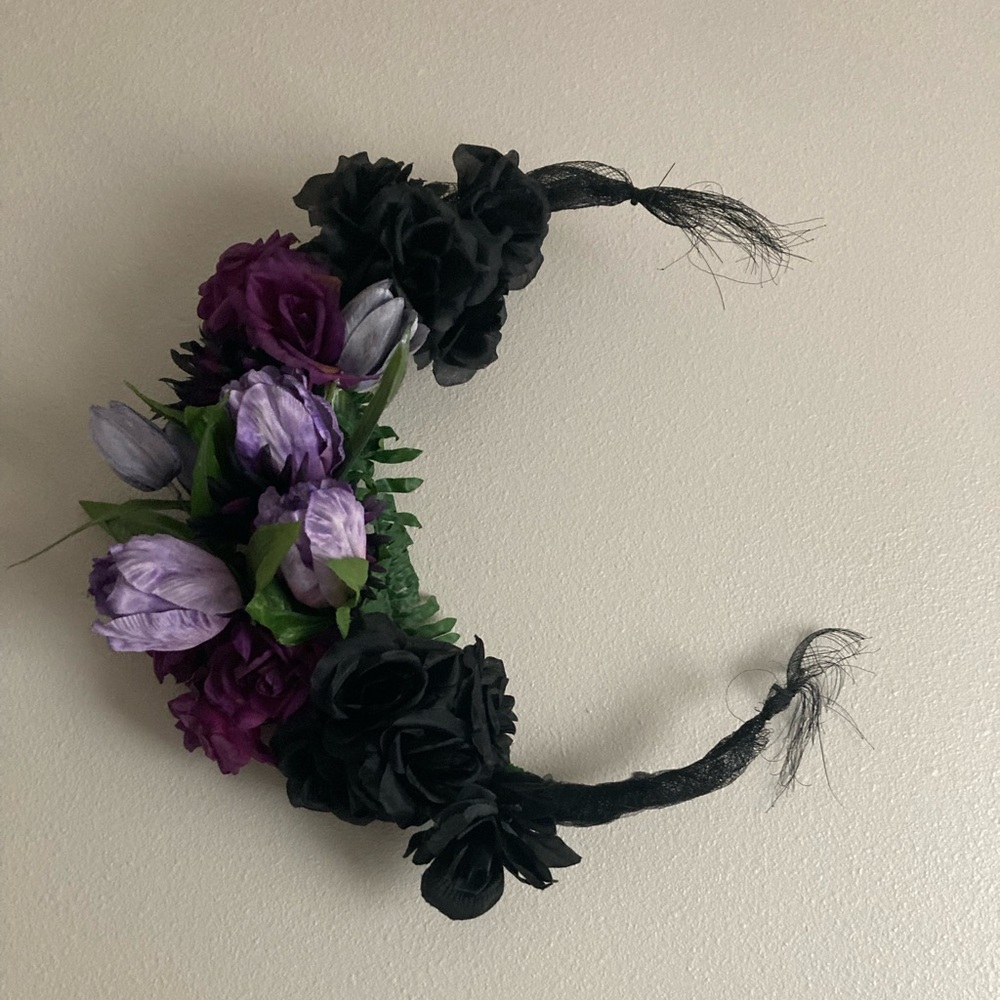 Handmade one of a kind goth boho witchy Halloween floral crescent moon wreath
